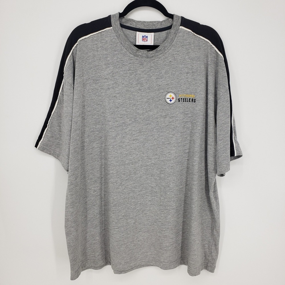 NFL Pittsburgh Steelers Embroidered T Shirt Mens 2XL Gray Shoulder Stripe Y2K